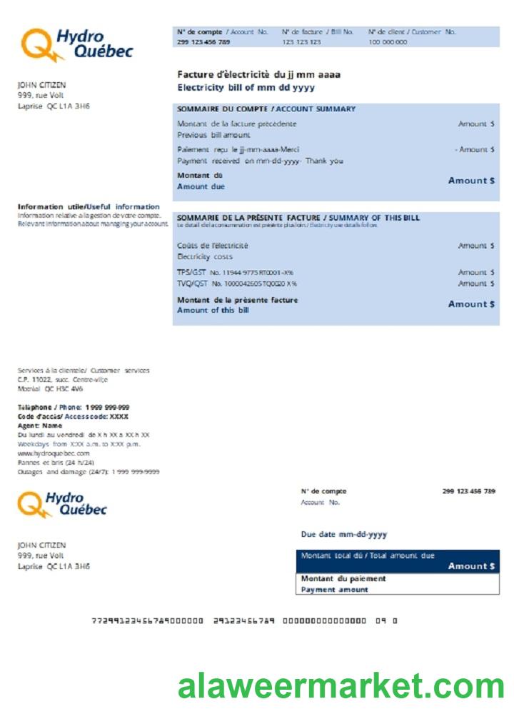 Canada Hydro-Quebec utility bill template in .doc and .pdf format